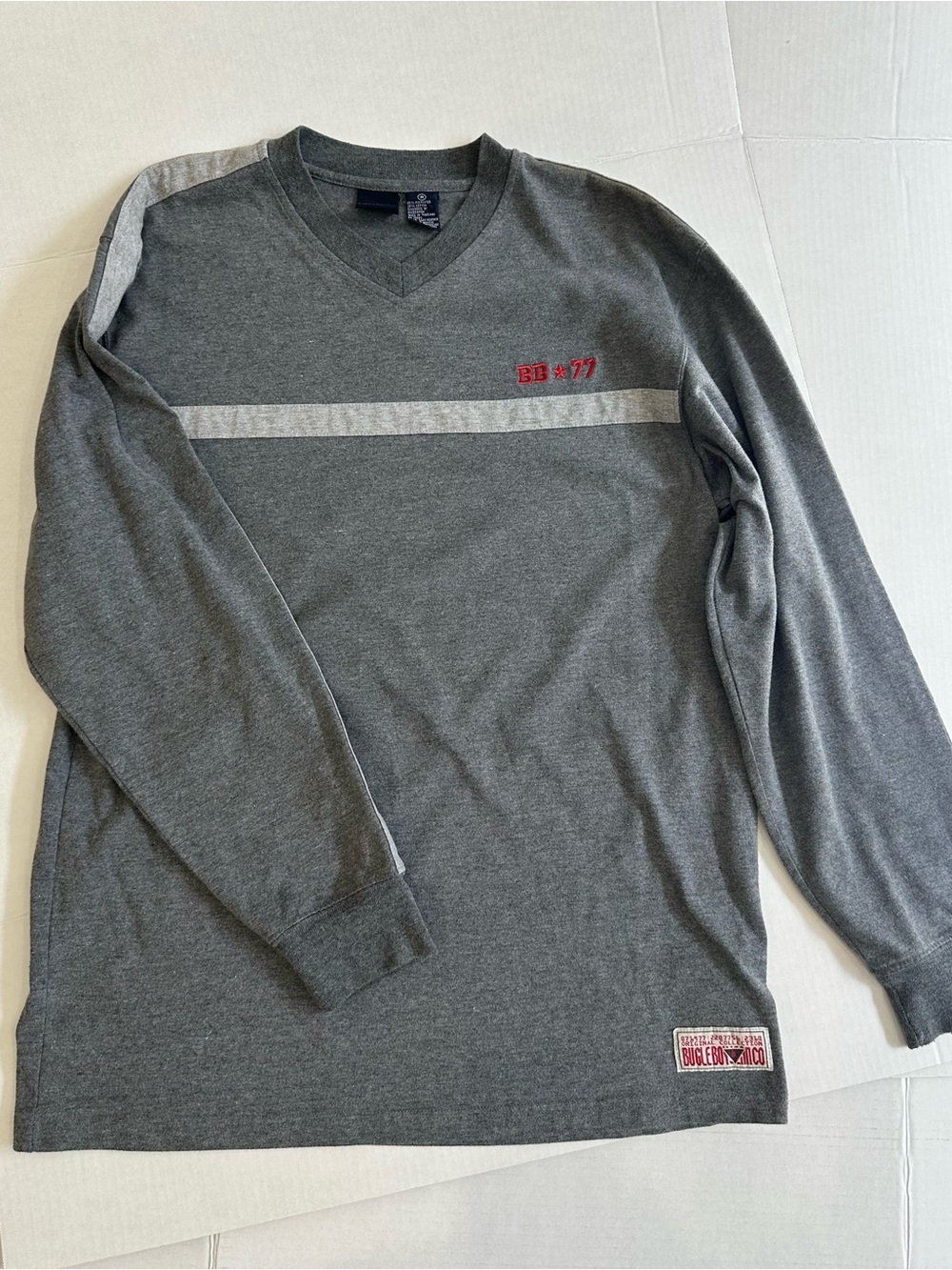 Bugle Boy Grey Long Sleeve V-Neck Shirt with Light Grey Chest Stripe